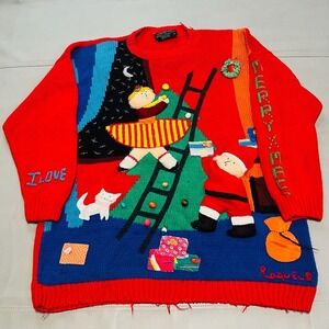 Raquels Collection Women S Red Ugly Christmas Xmas Office Sweater Santa Cat-4137